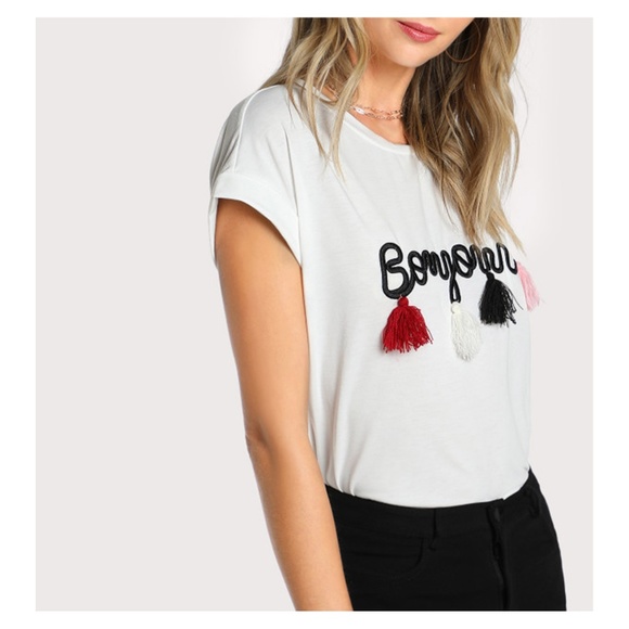 White Short Sleeve Embroidered Tassel T-Shirt - Picture 2 of 5